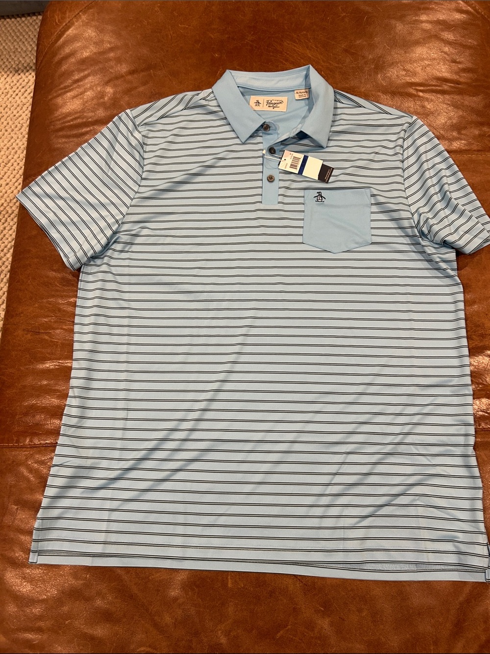 Original Penguin Light Blue & Navy Striped Polo with Chest Pocket